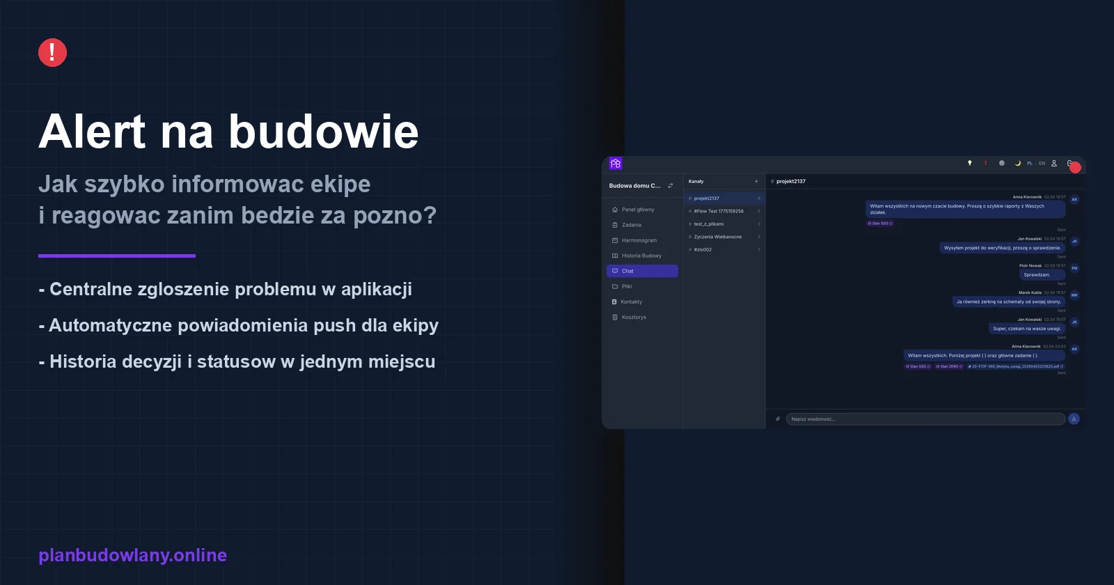 Alert na budowie – jak szybko informować ekipę o problemach i reagować zanim będzie za późno? w aplikacji PlanBudowlany