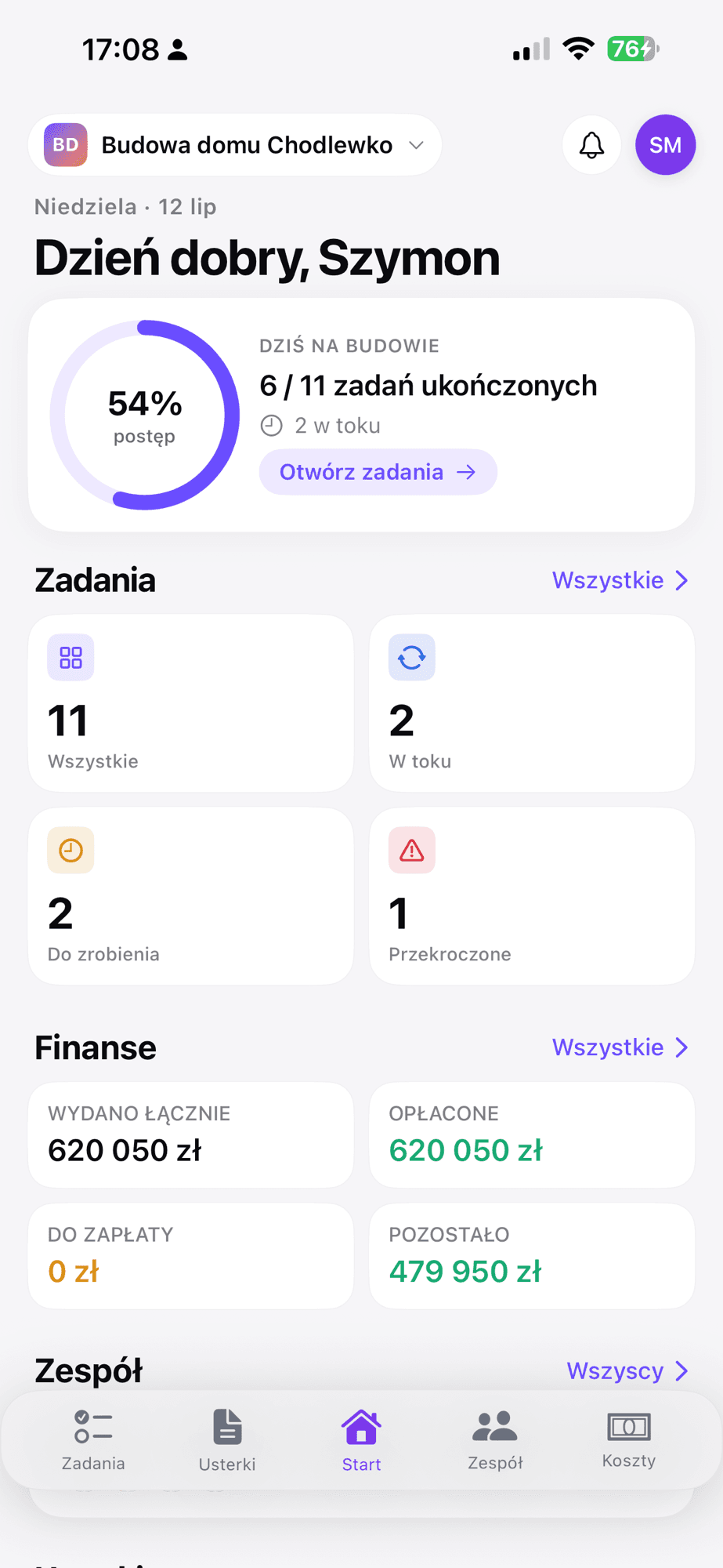 Ekran startowy aplikacji Plan Budowlany na iOS