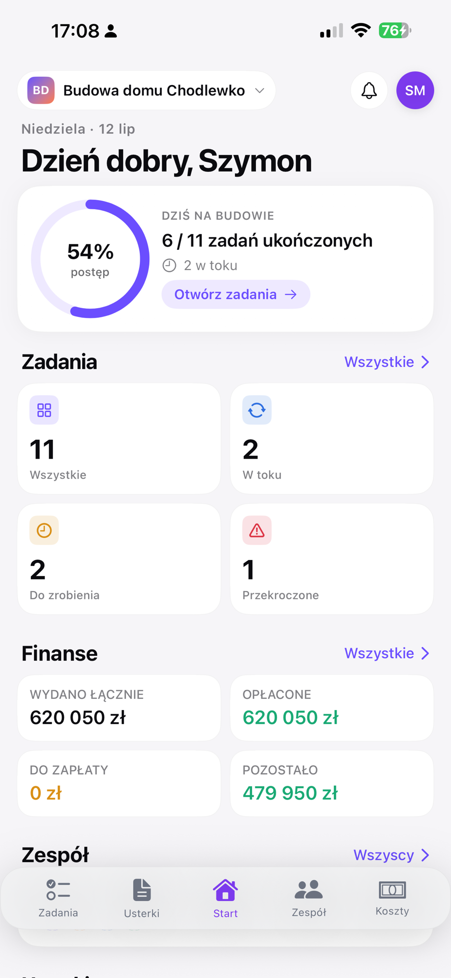 Ekran startowy aplikacji Plan Budowlany na iOS